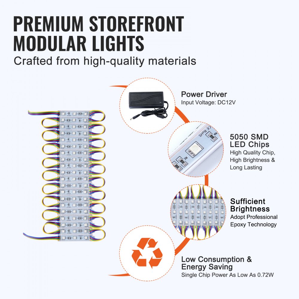 VEVOR 400PCS LED Storefront Lights, 207 ft, LED Module Lights, 5050 SMD 3-LED RGB Color Changing Window Lights with Remote Control for Business Store Window Advertising Letter Signs, IP68 Waterproof