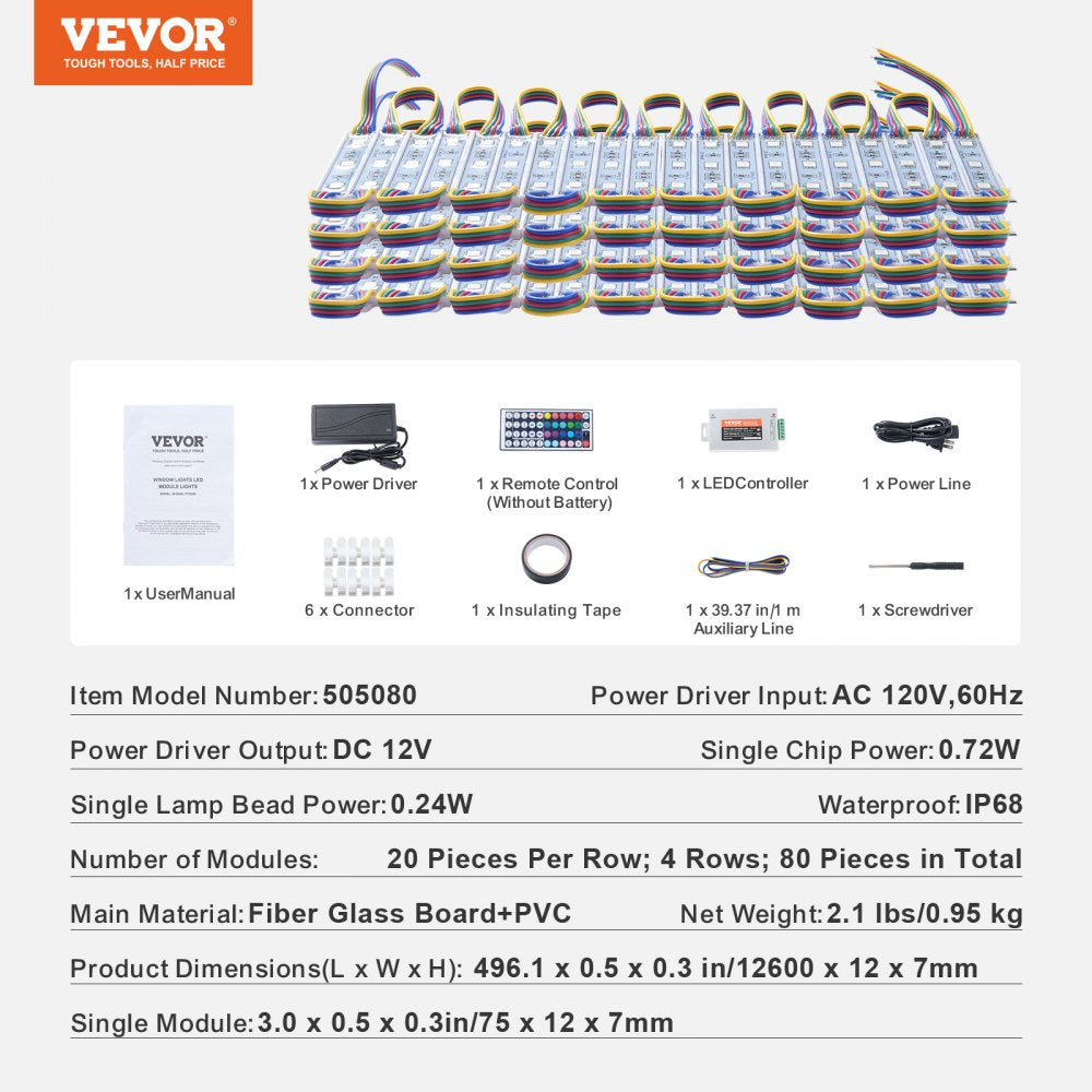 VEVOR 80PCS LED Storefront Lights, 41 ft, LED Module Lights, 5050 SMD 3-LED RGB Color Changing Window Lights with Remote Control for Business Store Window Advertising Letter Signs, IP68 Waterproof
