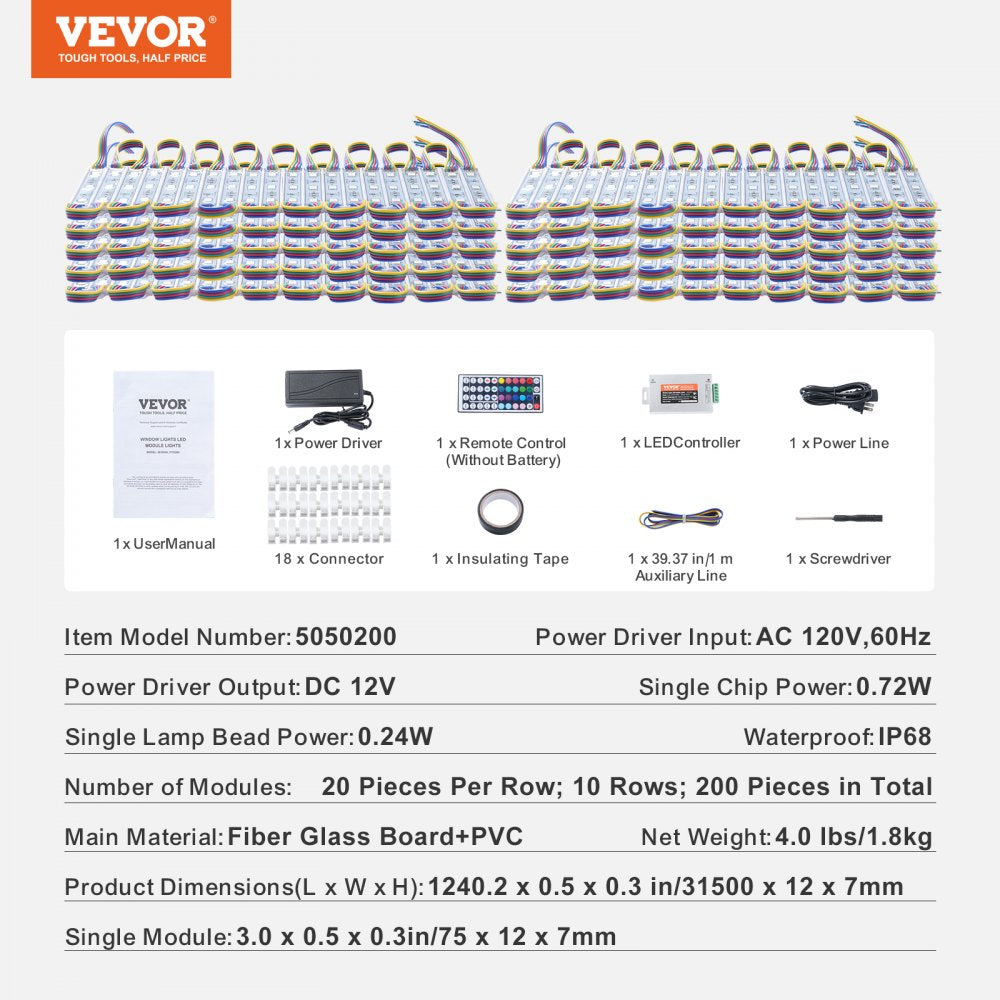 VEVOR 200PCS LED Storefront Lights, 103 ft, LED Module Lights, 5050 SMD 3-LED RGB Color Changing Window Lights with Remote Control for Business Store Window Advertising Letter Signs, IP68 Waterproof