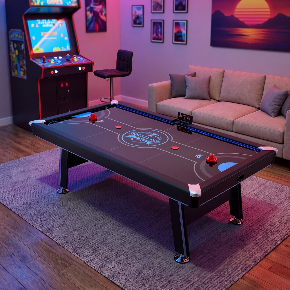 VEVOR 89" Air Hockey Table with LED Lights & Electronic Scorer, for Family Game Room, Basements, Home, Air Powered Hockey Arcade Game Table Set with High-powered Blower, Stable H-shaped Leg