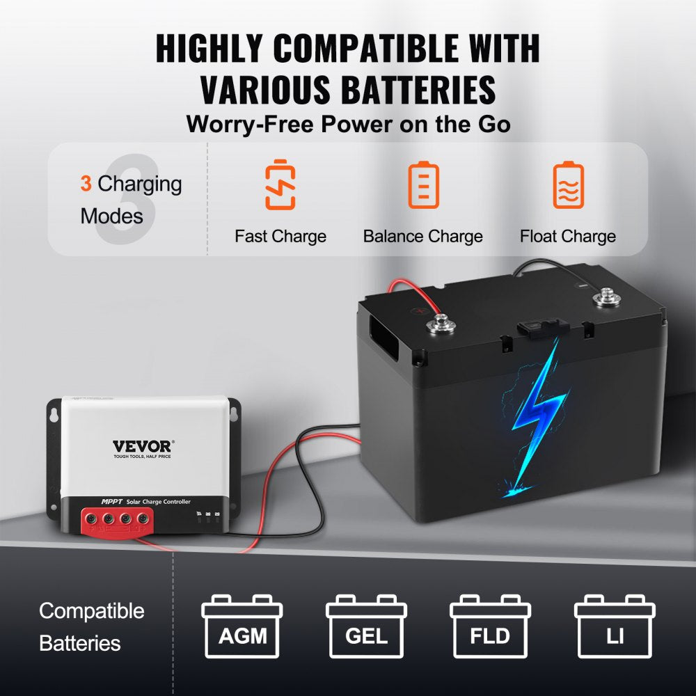 VEVOR 30A MPPT Solar Charge Controller, 12V / 24V Auto DC Input, Solar Panel Regulator Charger with Bluetooth Module, 98% Charging Efficiency for Sealed(AGM), Gel, Flooded and Lithium Battery Charging