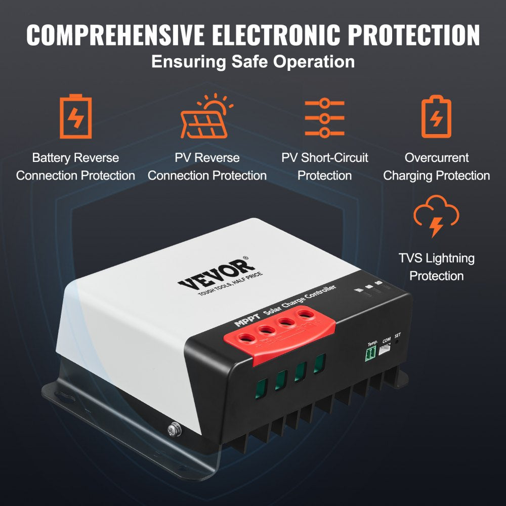 VEVOR 30A MPPT Solar Charge Controller, 12V / 24V Auto DC Input, Solar Panel Regulator Charger with Bluetooth Module, 98% Charging Efficiency for Sealed(AGM), Gel, Flooded and Lithium Battery Charging
