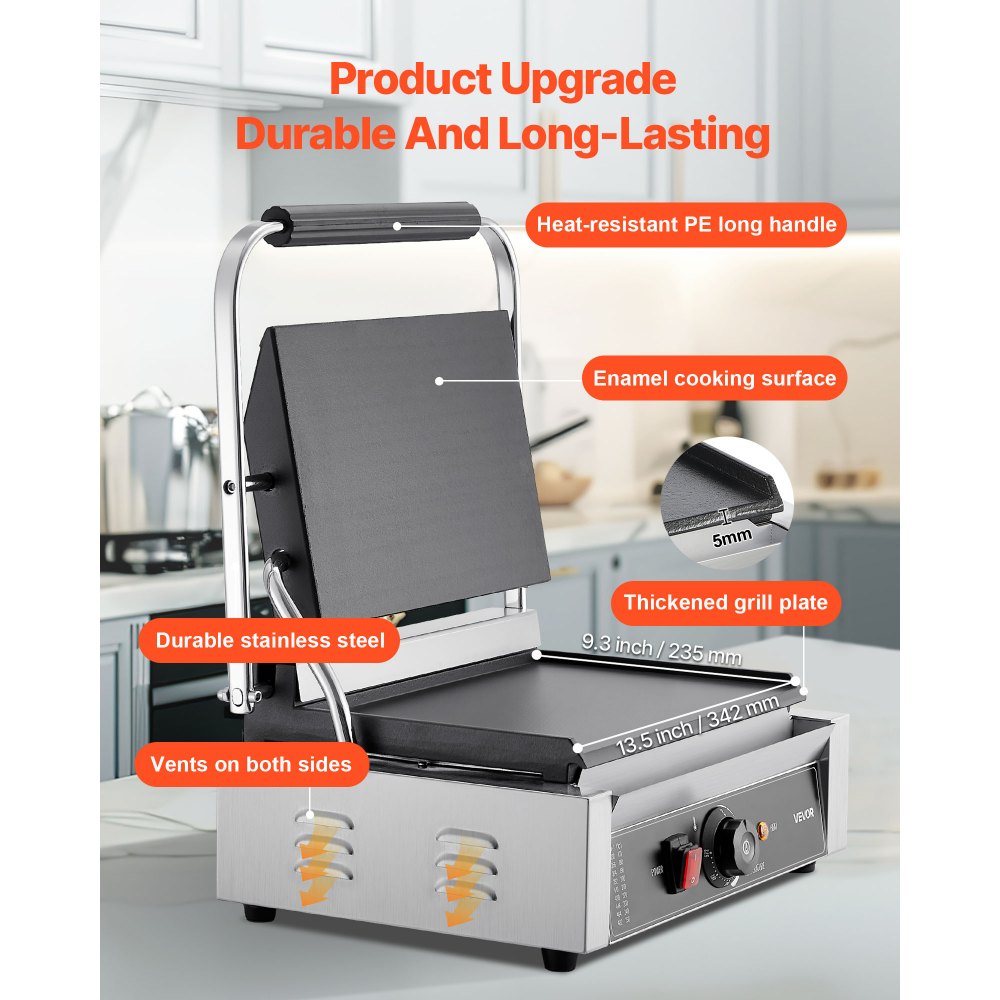 VEVOR Commercial Panini Grill, 1800W Electric Sandwich Panini Maker, Stainless Steel Sandwichs Press Grill with Handle and Temp Control, 13.5x9.3 in Full Flat Enamel Plate, for Hamburger Steak Bacon