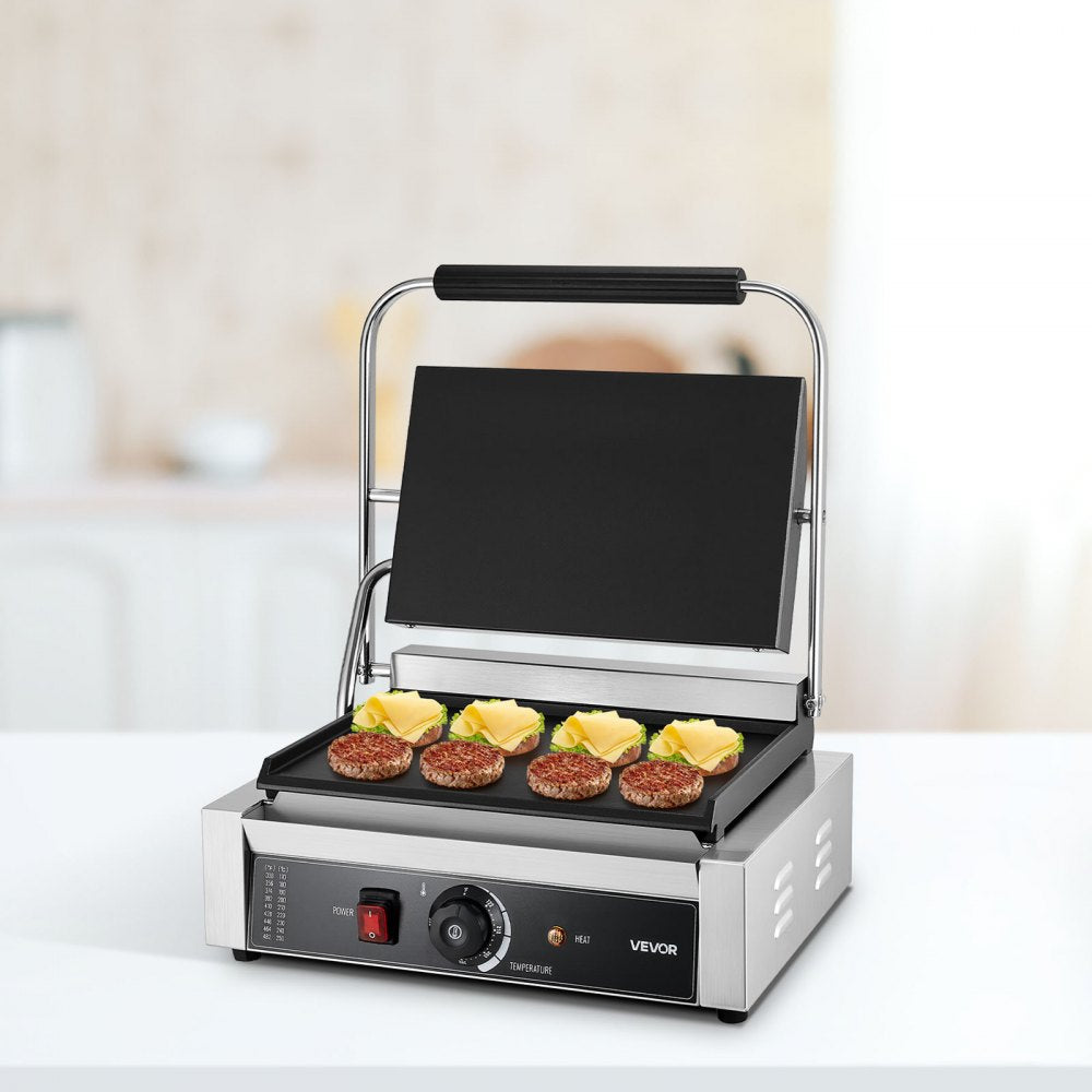 VEVOR Commercial Panini Grill, 1800W Electric Sandwich Panini Maker, Stainless Steel Sandwichs Press Grill with Handle and Temp Control, 13.5x9.3 in Full Flat Enamel Plate, for Hamburger Steak Bacon