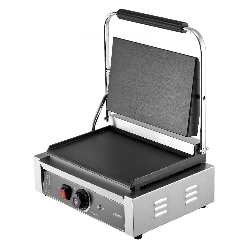 VEVOR Commercial Panini Grill, 1800W Electric Sandwich Panini Maker, Stainless Steel Sandwichs Press Grill with Handle and Temp Control, 13.5x9.3 in Full Flat Enamel Plate, for Hamburger Steak Bacon