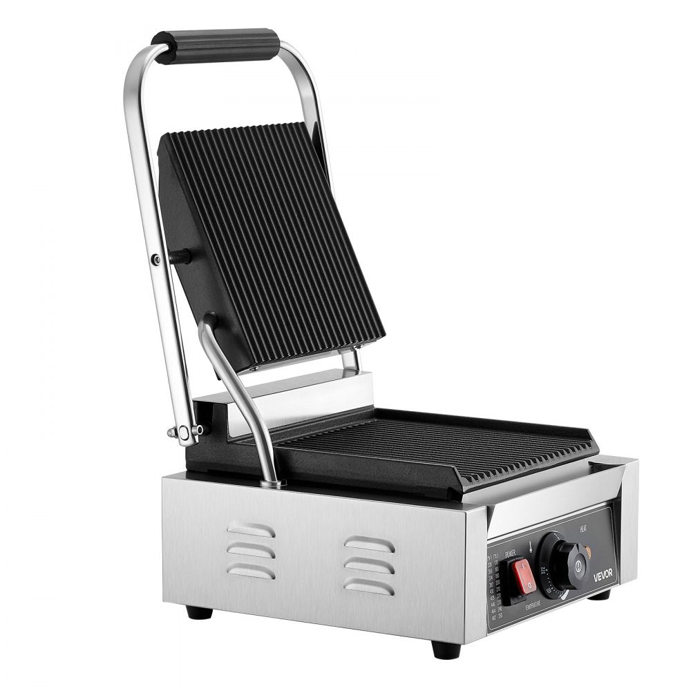 VEVOR Commercial Panini Grill, 1800W Electric Sandwich Panini Maker, Stainless Steel Sandwichs Press Grill with Handle and Temp Control, 8.8x9 in Full Grooved Enamel Plate for Hamburger Steak Bacon