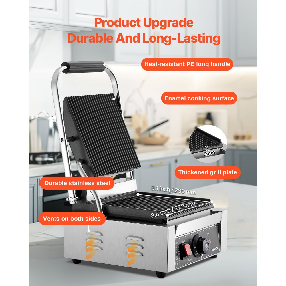 VEVOR Commercial Panini Grill, 1800W Electric Sandwich Panini Maker, Stainless Steel Sandwich Press Grill, Panini Grill with Temp Control & 9"x9" Full Grooved Enamel Plate for Hamburger Steak Bacon