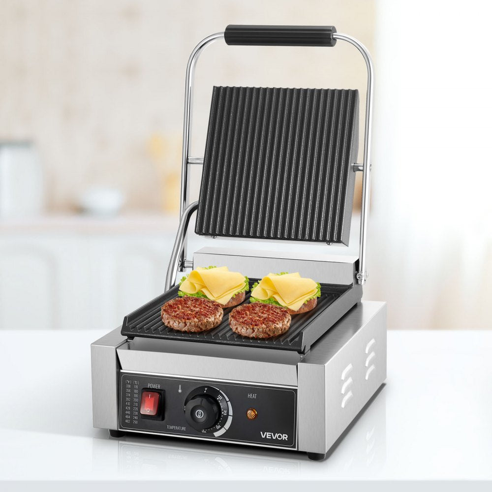 VEVOR Commercial Panini Grill, 1800W Electric Sandwich Panini Maker, Stainless Steel Sandwich Press Grill, Panini Grill with Temp Control & 9"x9" Full Grooved Enamel Plate for Hamburger Steak Bacon