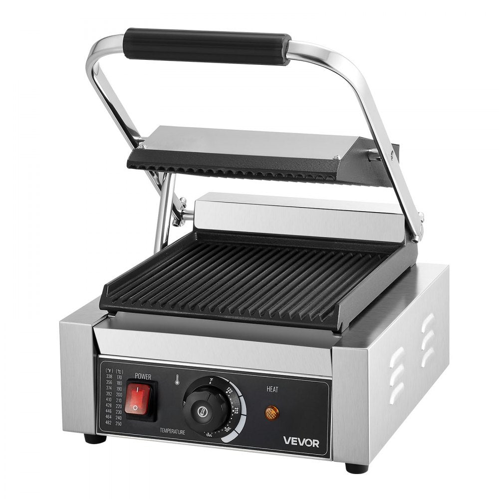 VEVOR Commercial Panini Grill, 1800W Electric Sandwich Panini Maker, Stainless Steel Sandwich Press Grill, Panini Grill with Temp Control & 9"x9" Full Grooved Enamel Plate for Hamburger Steak Bacon