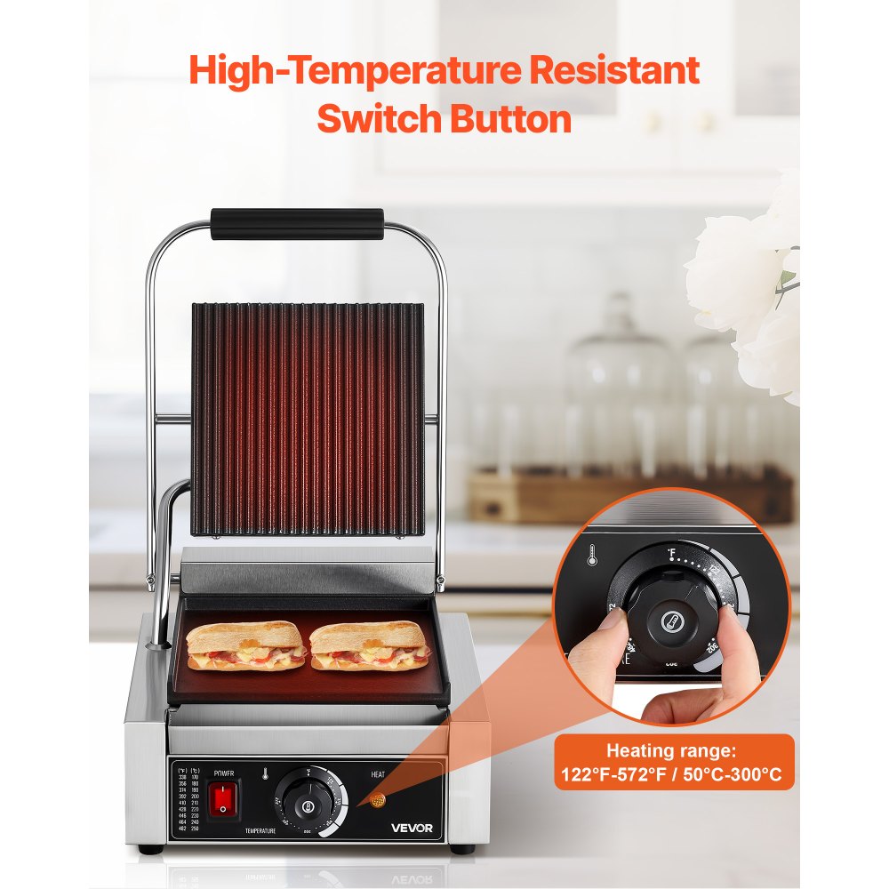 VEVOR Commercial Panini Grill, 1800W Electric Sandwich Panini Maker, Stainless Steel Sandwichs Press Grill with Handle and Temp Control, 8.8x9 in Flat Enamel Plate, for Hamburger Steak Bacon