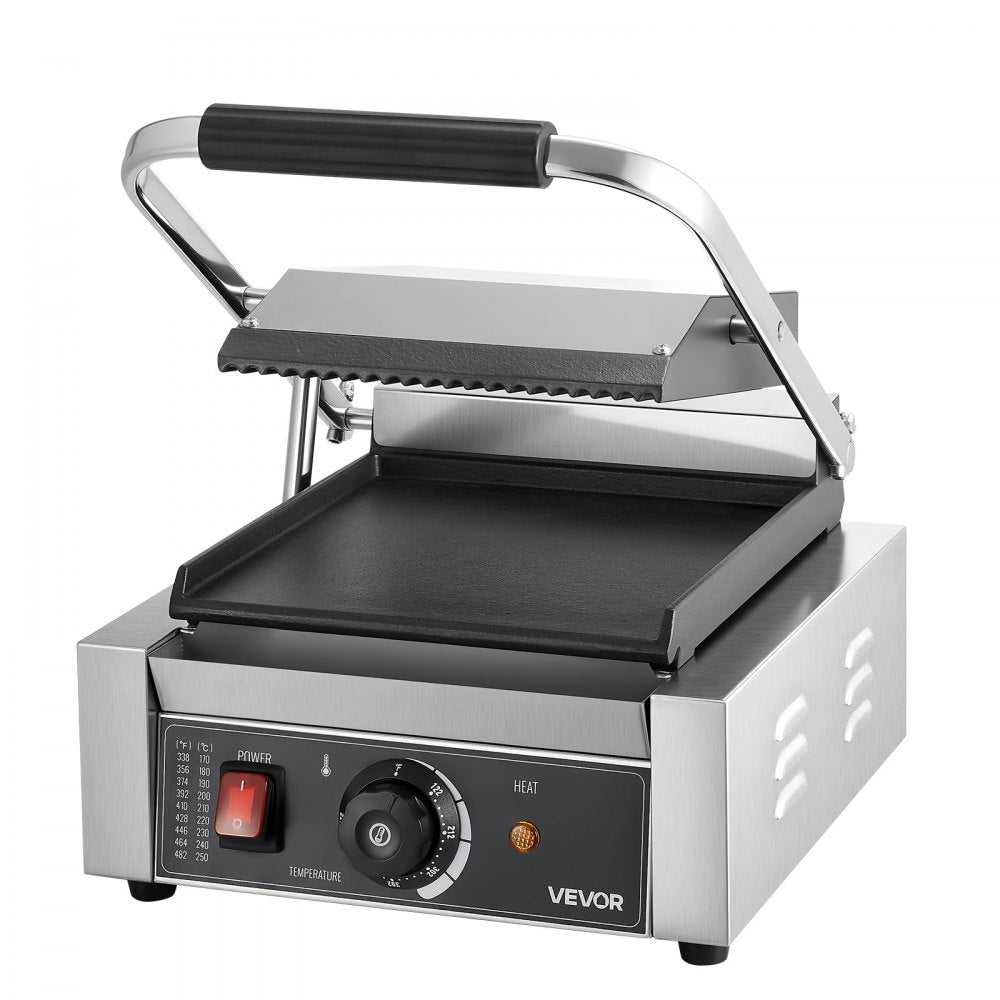 VEVOR Commercial Panini Grill, 1800W Electric Sandwich Panini Maker, Stainless Steel Sandwichs Press Grill with Handle and Temp Control, 8.8x9 in Flat Enamel Plate, for Hamburger Steak Bacon