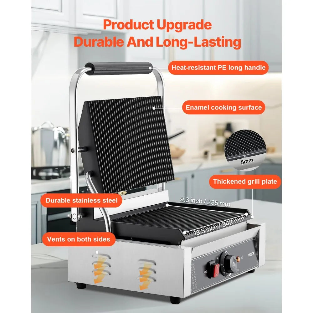 VEVOR Commercial Panini Grill, 1800W Electric Sandwich Panini Maker, Stainless Steel Sandwichs Press with Handle and Temp Control, 13.5x9.3 in Full Grooved Enamel Plate, for Hamburger Steak Bacon