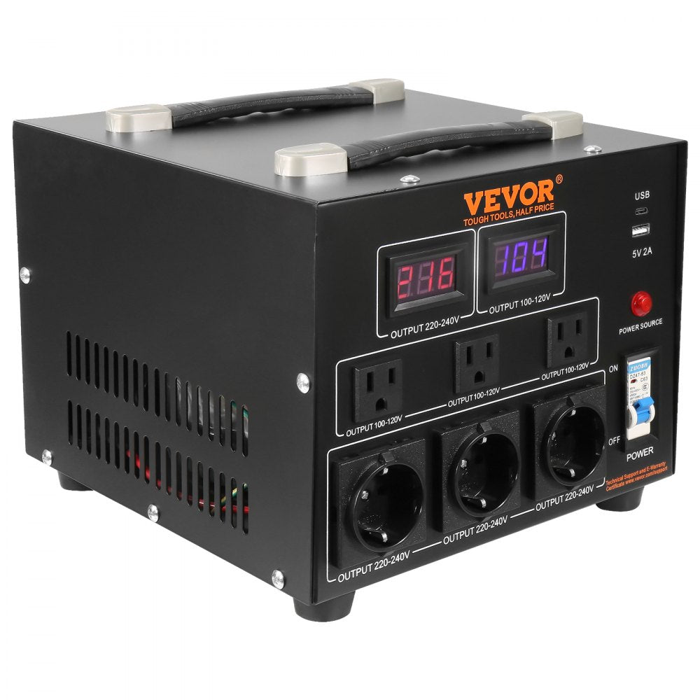 VEVOR Voltage Converter Transformer, 5000W, Heavy Duty Step Up/Down Transformer, Convert from 110 Volt to 220 Volt and  from 220 Volt to 110 Volt, with US Outlet EU Outlet 5V USB Port, CE Certified