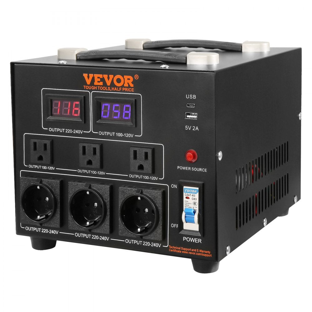 VEVOR Voltage Converter Transformer, 5000W, Heavy Duty Step Up/Down Transformer, Convert from 110 Volt to 220 Volt and  from 220 Volt to 110 Volt, with US Outlet EU Outlet 5V USB Port, CE Certified