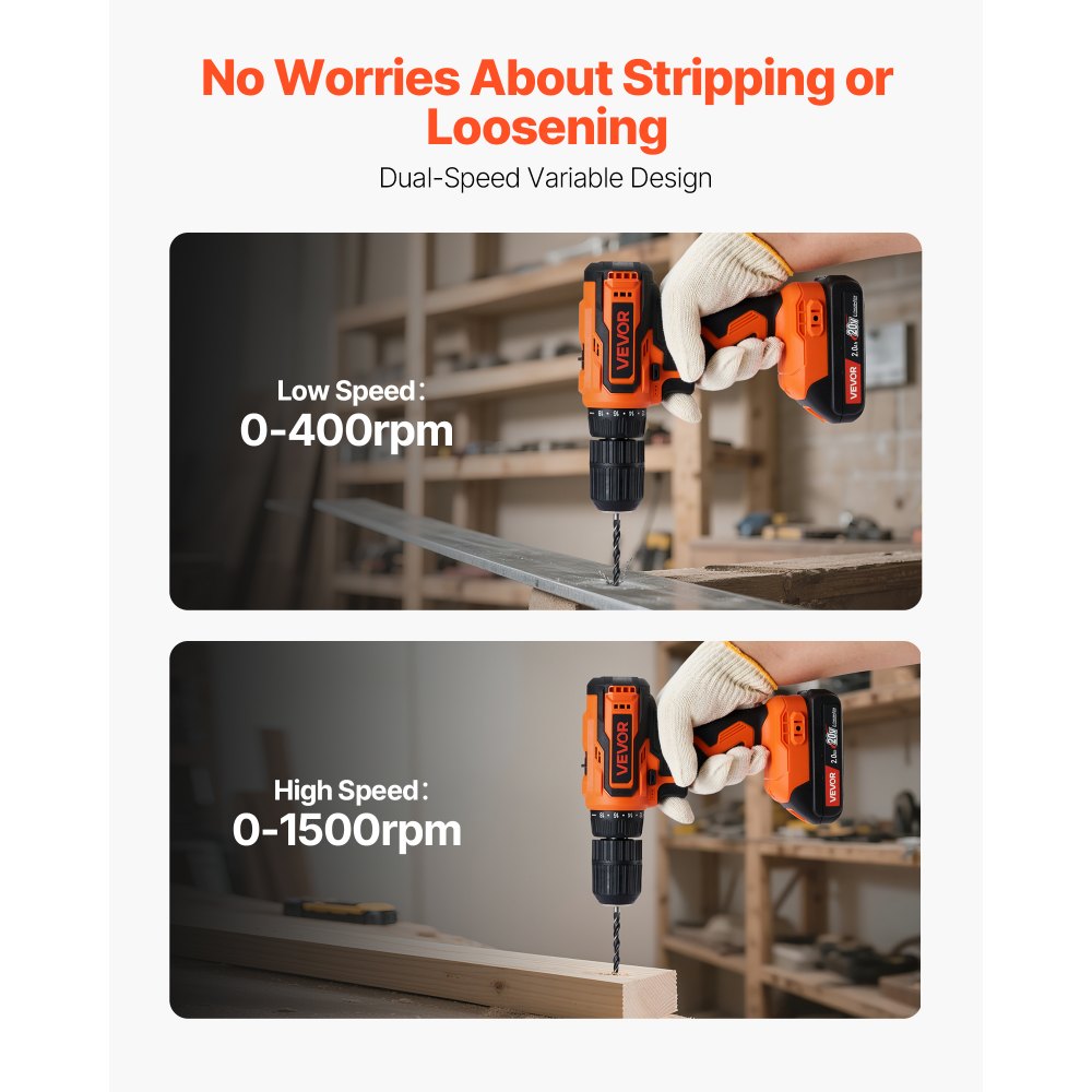 VEVOR Cordless Drill Driver, 1/2 inch Metal Chuck, Dual-Speed Variable, Drill Driver Kit with Lithium Battery and Charger, Belt Clip, for Wood and Metal Drilling, Screw Tightening or Loosening