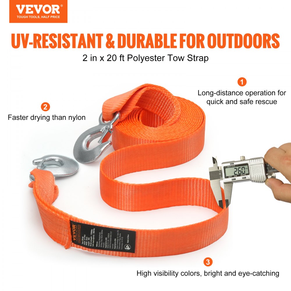 VEVOR ATV Tow Strap with Hooks, 2-inch x 20-foot, 17000 lbs Capacity, Durable Recovery Rope with Security Hooks for Trucks and Vehicles, Essential Towing Accessory for Roadside Assistance