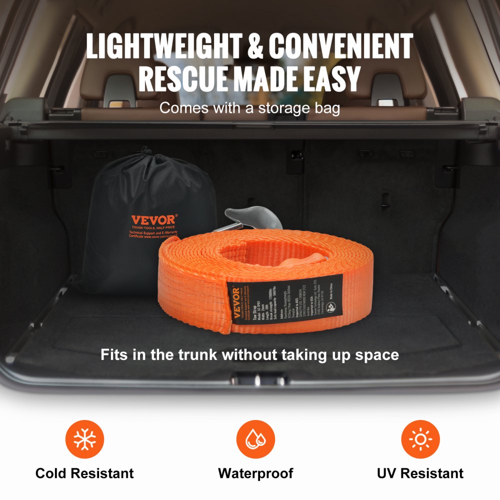 VEVOR ATV Tow Strap with Hooks, 2-inch x 20-foot, 17000 lbs Capacity, Durable Recovery Rope with Security Hooks for Trucks and Vehicles, Essential Towing Accessory for Roadside Assistance