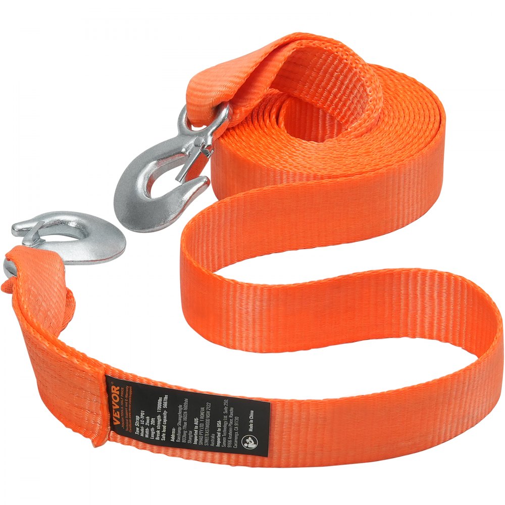 VEVOR ATV Tow Strap with Hooks, 2-inch x 20-foot, 17000 lbs Capacity, Durable Recovery Rope with Security Hooks for Trucks and Vehicles, Essential Towing Accessory for Roadside Assistance