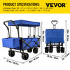 VEVOR Extra Large Collapsible Garden Cart with Removable Canopy, Folding Wagon Utility Carts with Wheels and Rear Storage, Wagon Cart for Garden, Camping, Grocery Cart, Shopping Cart, Blue