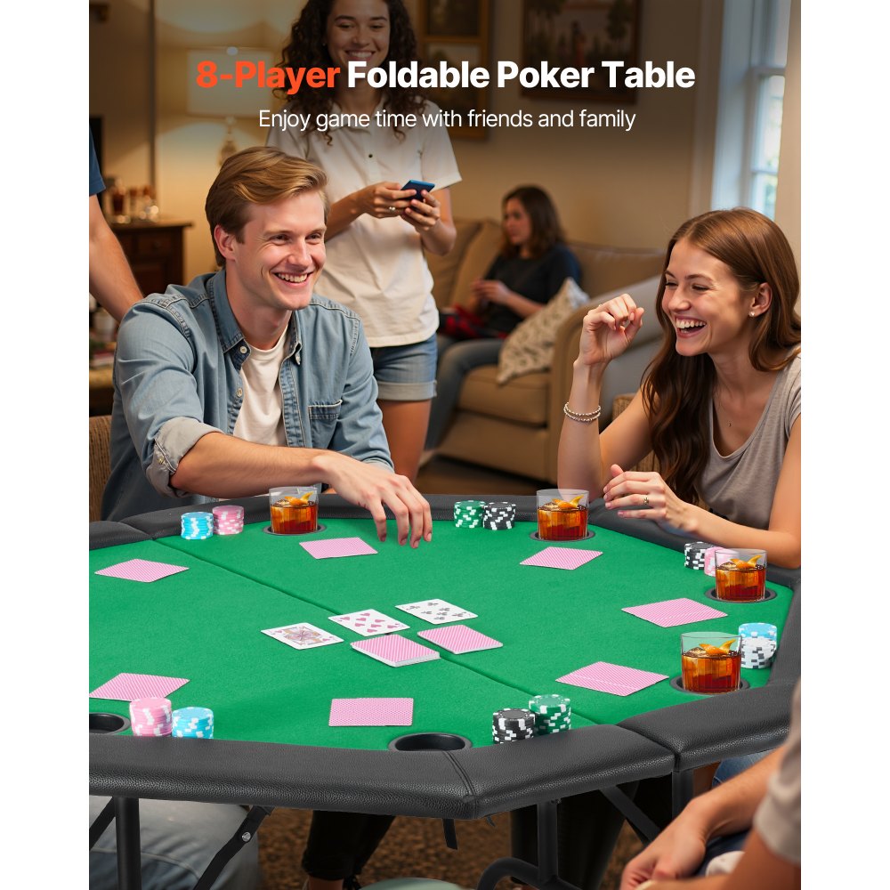 VEVOR Foldable Poker Table, 8 Player 48 in Folding Casino Leisure Table with Padded Rails & Cup Holders, Octagonal Portable Game Tables with Felt & Metal Legs, for Texas Hold'em Game and Blackjack