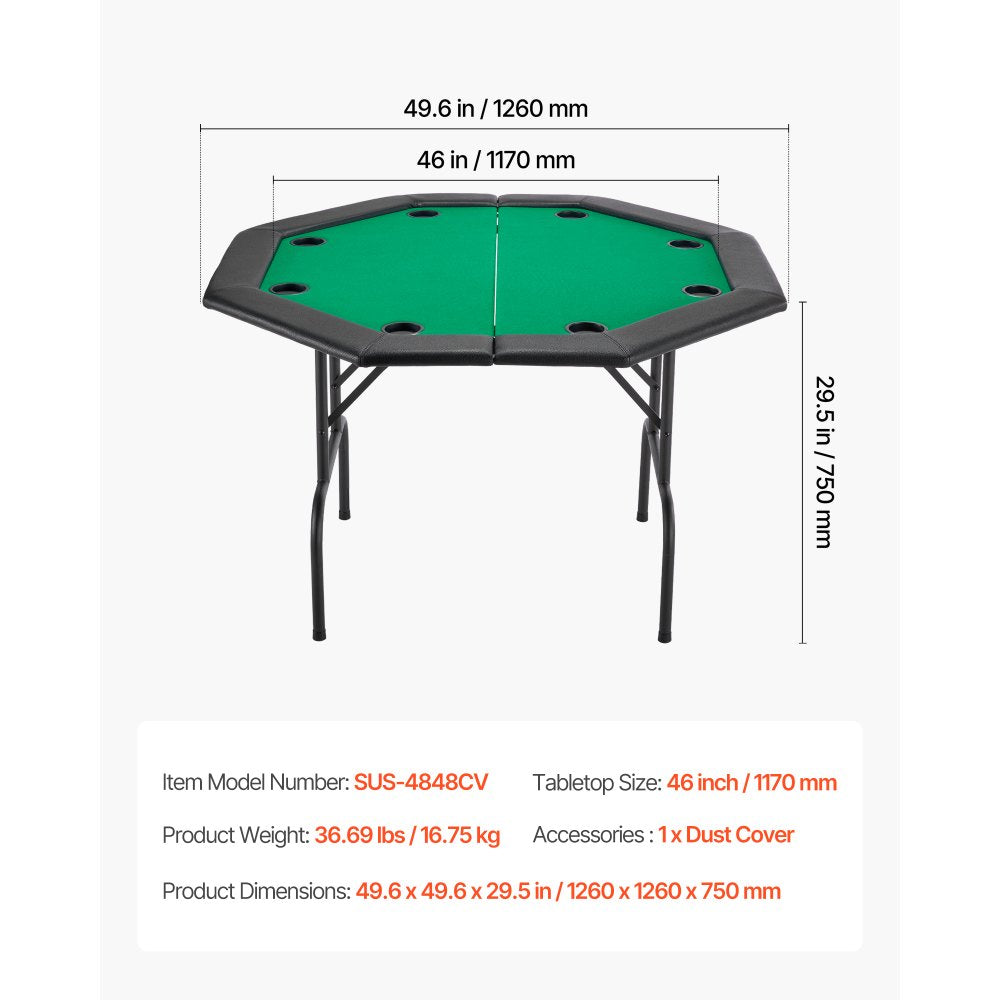 VEVOR Foldable Poker Table, 8 Player 48 in Folding Casino Leisure Table with Padded Rails & Cup Holders, Octagonal Portable Game Tables with Felt & Metal Legs, for Texas Hold'em Game and Blackjack