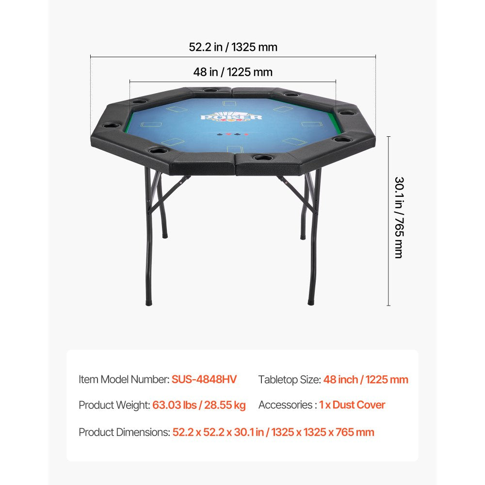 VEVOR Foldable Poker Table, 8 Player 48 in Folding Casino Leisure Table with Padded Rails & Cup Holders, Octagonal Portable Game Tables with Felt & Metal Legs, for Texas Hold'em Game and Blackjack