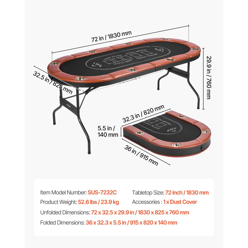 VEVOR Foldable Poker Table, 8 Player 72 in Folding Casino Leisure Table with Padded Rails and Cup Holders, Oval Portable Game Tables with Felt & Metal Legs, for Texas Hold'em Game and Blackjack