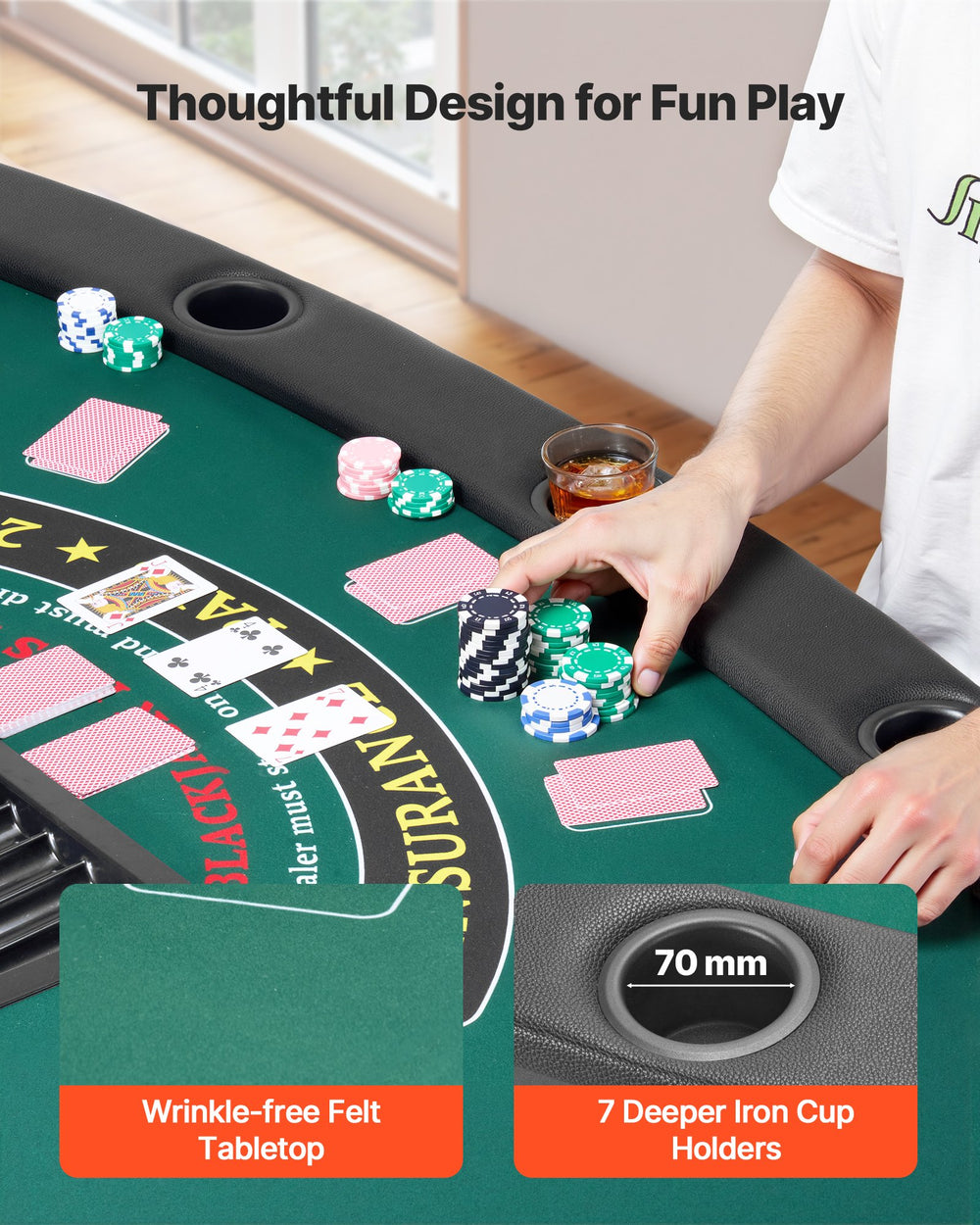 Wrinkle-free felt tabletop and 7 cup holders detail image