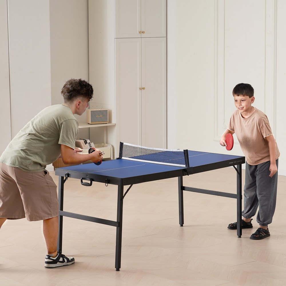VEVOR Ping Pong Table, Mid-Size Table Tennis Game, Indoor MDF Table Tennis Table, Foldable Portable Complete Ping Pong Table Set with Net, 2 Paddles, 3 Balls, Carry Bag, Handle (No Assembly Required)