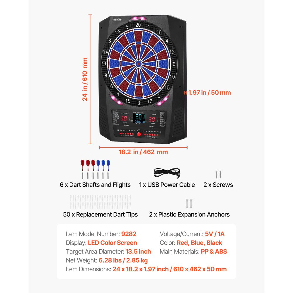 VEVOR Electronic Dart Board, 13.5" Target Dartboard with 45 Games & 474 Variations for Up to 8 Players, 6 Dart Shafts with Flights & 50 Soft Tips, Color LED Cricket Scoring Screen for Home Party Bar