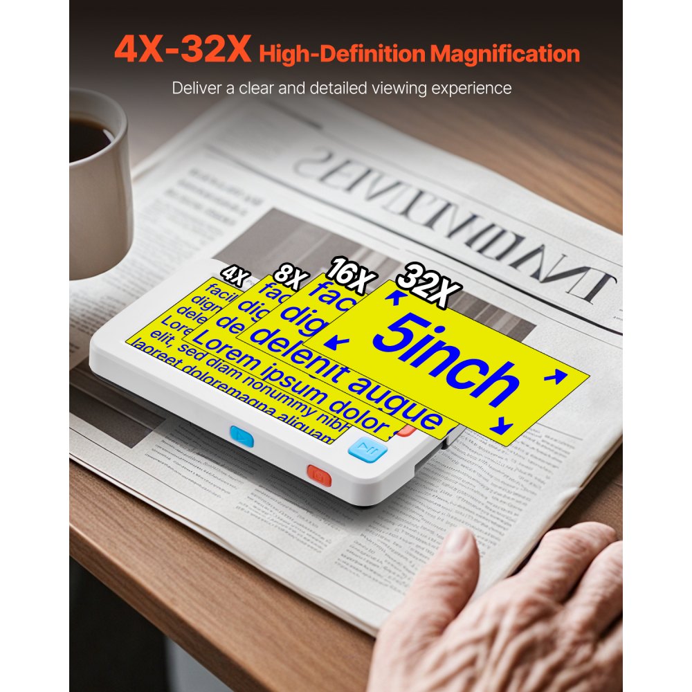 VEVOR Portable Digital Magnifier, 5-inch HD Electronic Video Magnifier for Low Version, 4X - 32X Zoom Electronic Reading Aid with 17 Color Mode, AV Output, Foldable Handle & 5-Level Screen Brightness