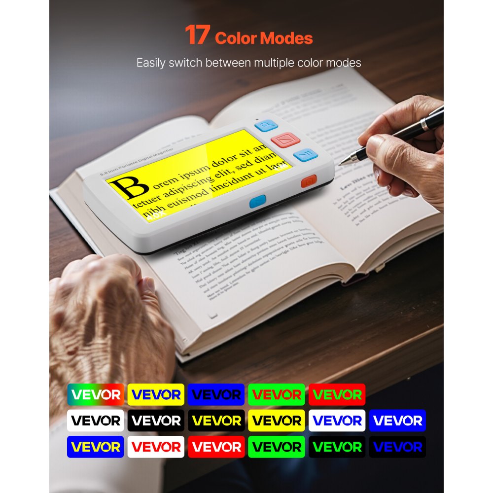 VEVOR Portable Digital Magnifier, 5-inch HD Electronic Video Magnifier for Low Version, 4X - 32X Zoom Electronic Reading Aid with 17 Color Mode, AV Output, Foldable Handle & 5-Level Screen Brightness