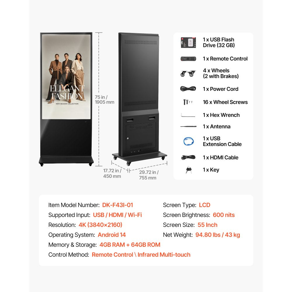 VEVOR 55 in Indoor Digital Signage 4K Floor Stand Advertising Display Kiosk, WiFi HDMI/USB Input Android OS, 178° Wide View, LCD Touchscreen Interactive Monitor, Mobile Commercial Totem Poster