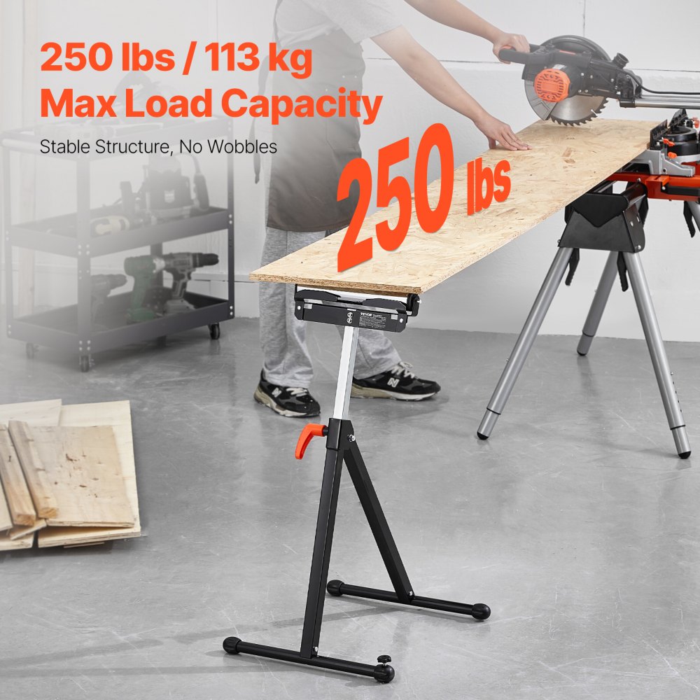 VEVOR Roller Stand, 250 lb Load Capacity, 27 in-43 in Adjustable Height, Folding Heavy Duty with Edge Guides & 11.5 in Polished Steel Roller Head, for Table Saw Outfeed Woodworking Extension Support
