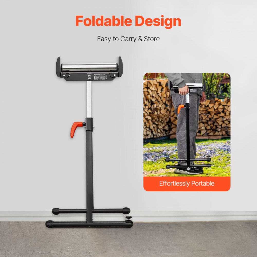 VEVOR Roller Stand, 250 lb Load Capacity, 27 in-43 in Adjustable Height, Folding Heavy Duty with Edge Guides & 11.5 in Polished Steel Roller Head, for Table Saw Outfeed Woodworking Extension Support
