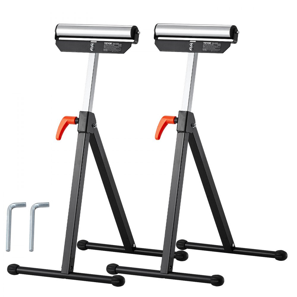 VEVOR 2-Pack Roller Stands, 135 lb Load Capacity, 26.8-42.5'' Adjustable Height, Folding Heavy Duty Design with 11.5 in Polished Steel Roller Head, for Table Saw Outfeed Woodworking Extension Support