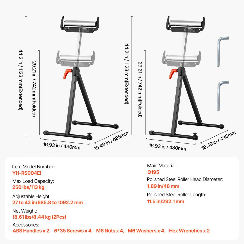VEVOR 2-Pack Roller Stands, 250 lbs Load Capacity, 27-43 in Adjustable Height, Folding Heavy Duty with Polished Steel Roller Head & Edge Guides, for Table Saw Outfeed Woodworking Extension Support