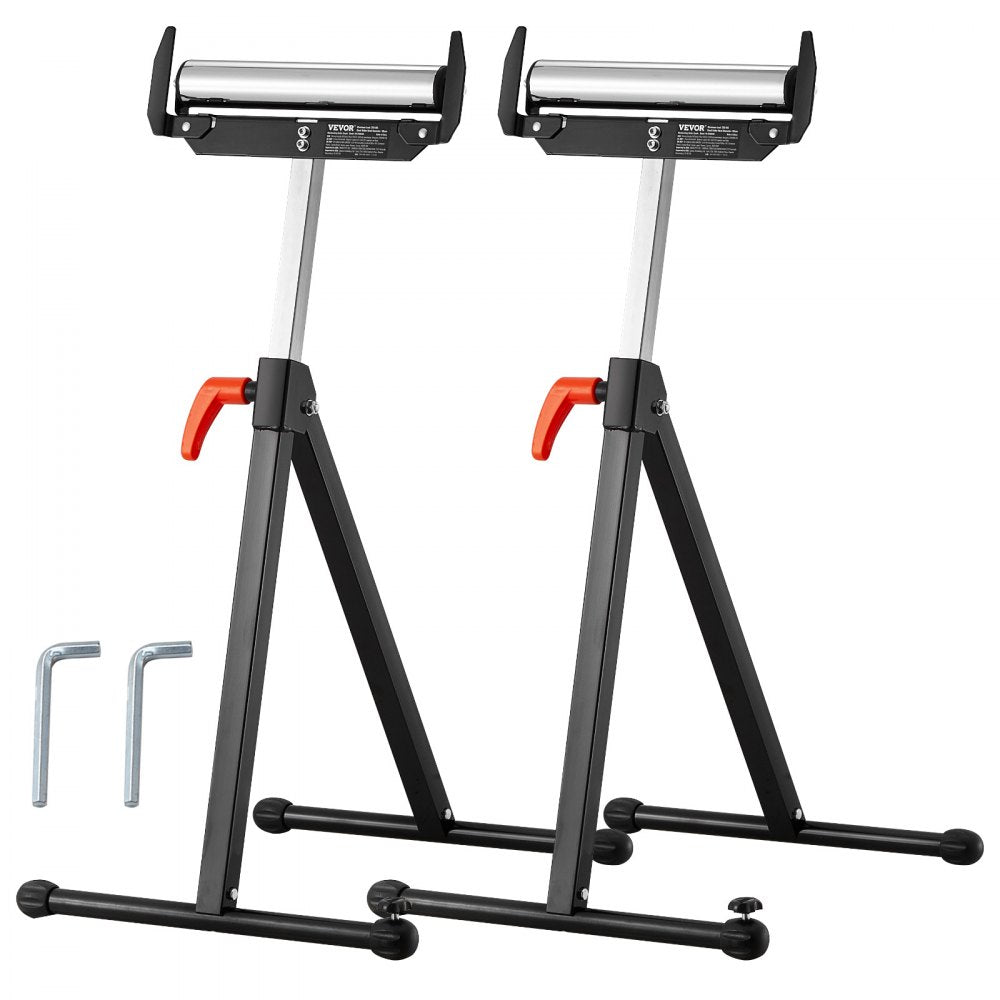 VEVOR 2-Pack Roller Stands, 250 lbs Load Capacity, 27-43 in Adjustable Height, Folding Heavy Duty with Polished Steel Roller Head & Edge Guides, for Table Saw Outfeed Woodworking Extension Support