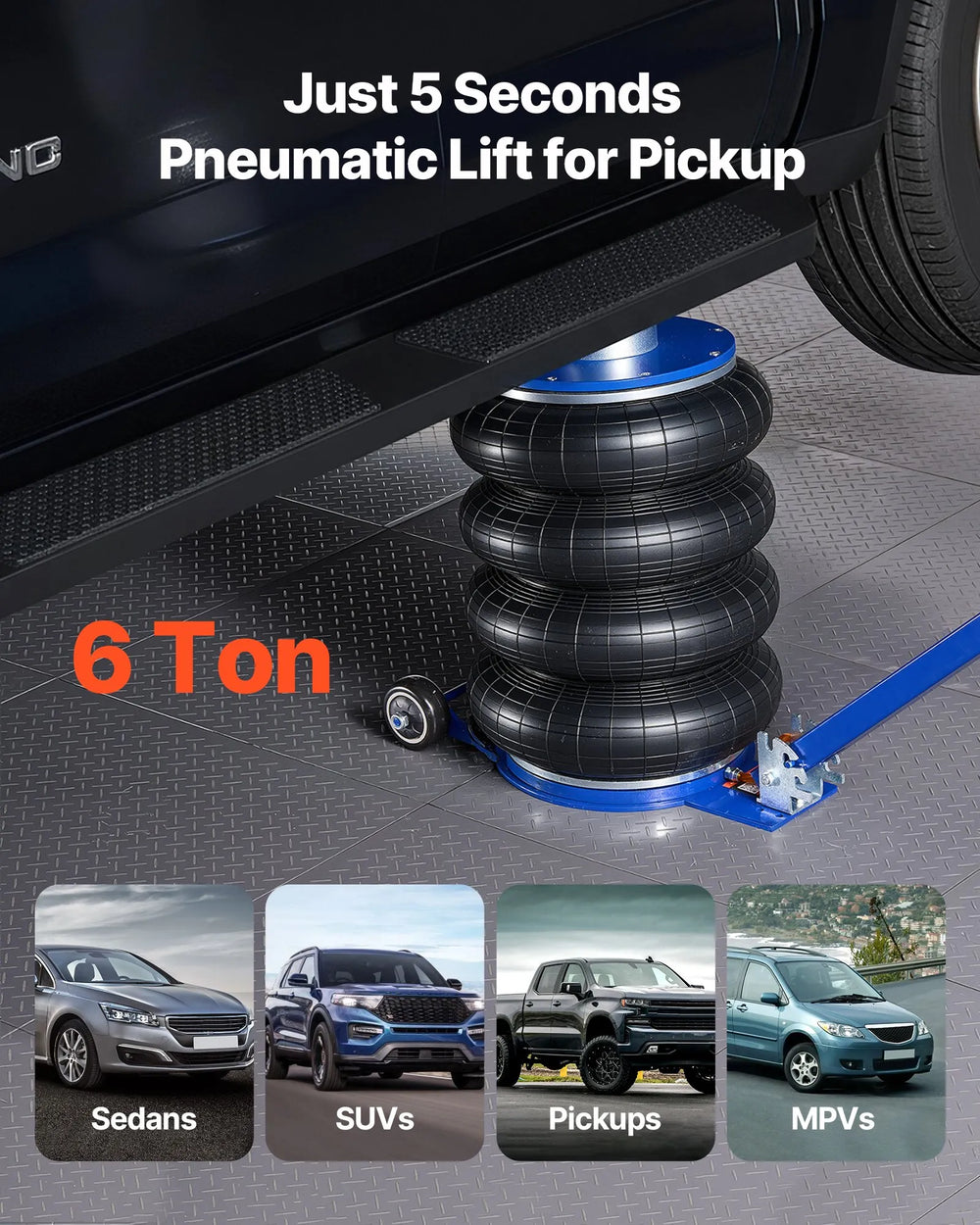 VEVOR Air Jack, 6 Ton/13227 lbs Airbag Jack, Lift Up to 26.5 inch with Heightened Column, Adjustable Handle & Thick Rubber Pad, 2-5 s Fast Lifting Pneumatic for Car, SUV, Pickup Truck Repair, Garage
