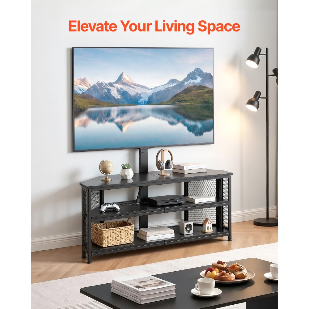 VEVOR TV Stand with Mount, 45.3 Inch, Corner TV Stand Console with Power Outlet, for 32-75 Inch TVs, Height Adjustable Swivel Entertainment Center with Storage & LED Lights, for Living Room, Black
