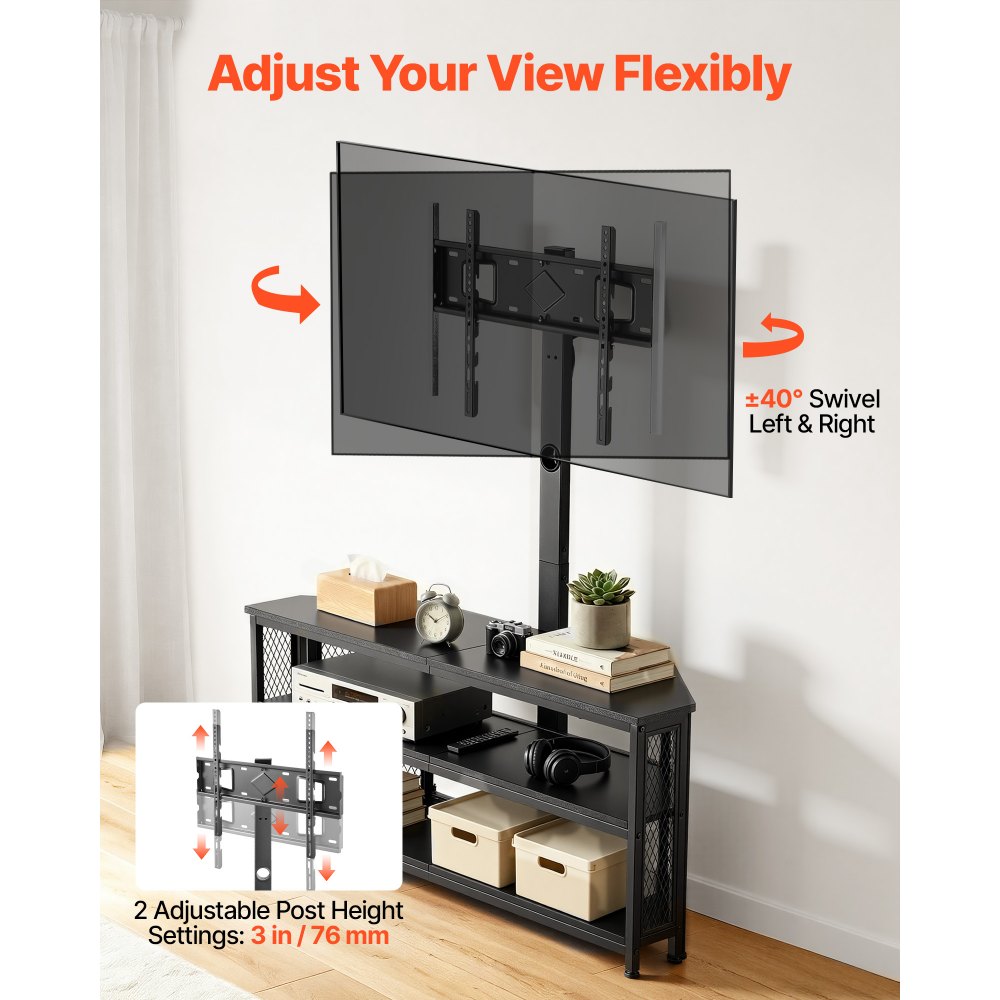 VEVOR TV Stand with Mount, 45.3 Inch, Corner TV Stand Console with Power Outlet, for 32-75 Inch TVs, Height Adjustable Swivel Entertainment Center with Storage & LED Lights, for Living Room, Black