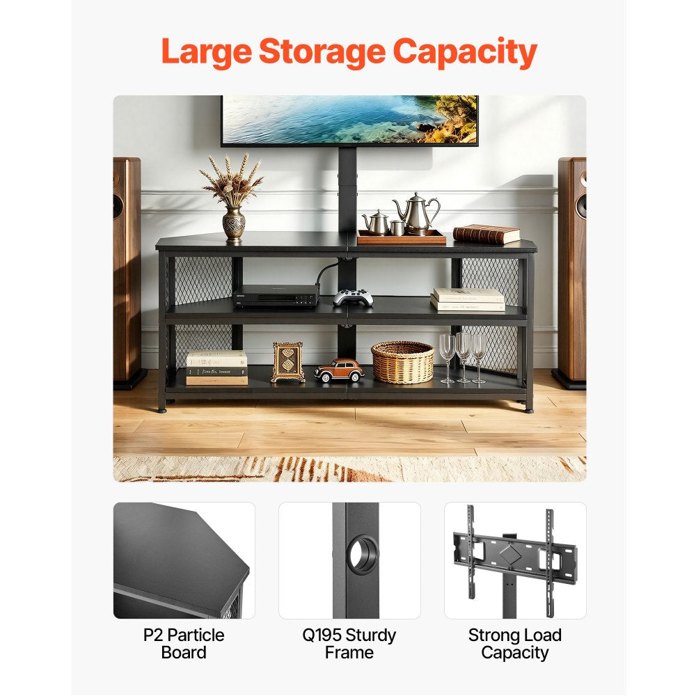 VEVOR TV Stand with Mount, 45.3 Inch, Corner TV Stand Console with Power Outlet, for 32-75 Inch TVs, Height Adjustable Swivel Entertainment Center with Storage & LED Lights, for Living Room, Black