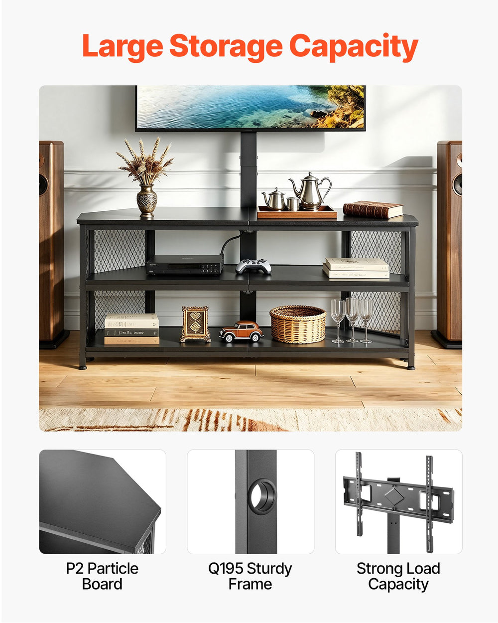 VEVOR TV Stand with Mount, 45.3 Inch, Corner TV Stand Console with Power Outlet, for 32-75 Inch TVs, Height Adjustable Swivel Entertainment Center with Storage & LED Lights, for Living Room, Black