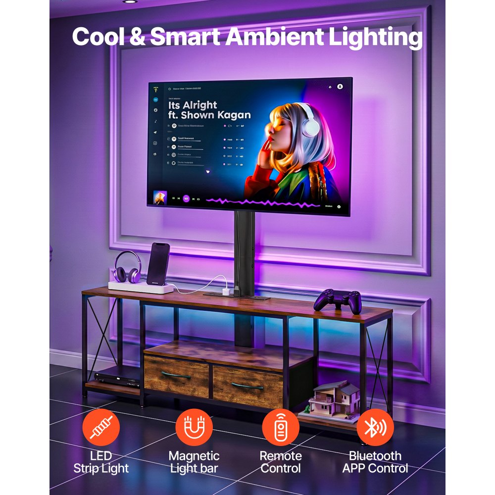 VEVOR TV Stand with Mount, 47.2 Inch, TV Stand Console with Power Outlet & Storage Drawers, for 32-75 Inch TVs, Height Adjustable Entertainment Center with LED Lights, for Living Room, Rustic Brown