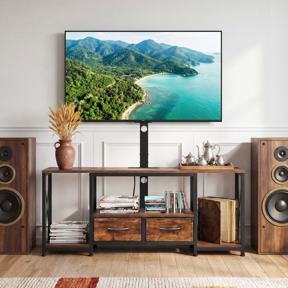 VEVOR TV Stand with Mount, 47.2 Inch, TV Stand Console with Power Outlet & Storage Drawers, for 32-75 Inch TVs, Height Adjustable Entertainment Center with LED Lights, for Living Room, Rustic Brown
