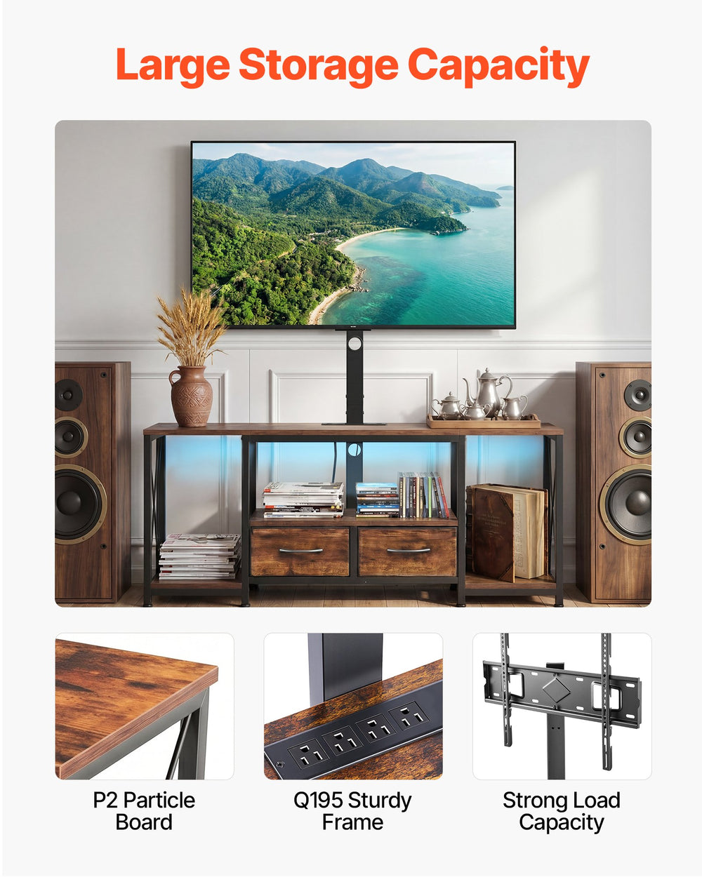 VEVOR TV Stand with Mount, 47.2 Inch, TV Stand Console with Power Outlet & Storage Drawers, for 32-75 Inch TVs, Height Adjustable Entertainment Center with LED Lights, for Living Room, Rustic Brown