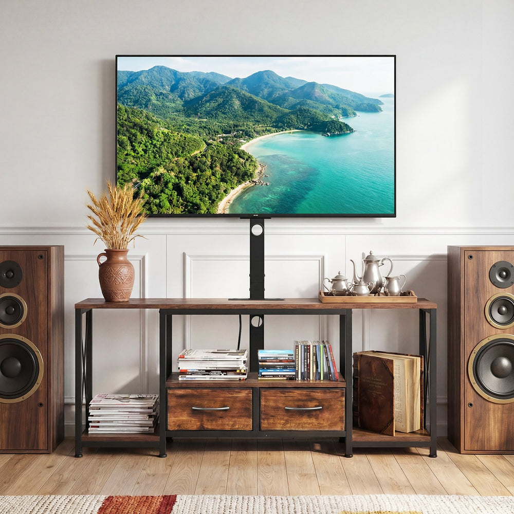 VEVOR TV Stand with Mount, 47.2 Inch, TV Stand Console with Power Outlet & Storage Drawers, for 32-75 Inch TVs, Height Adjustable Entertainment Center with LED Lights, for Living Room, Rustic Brown