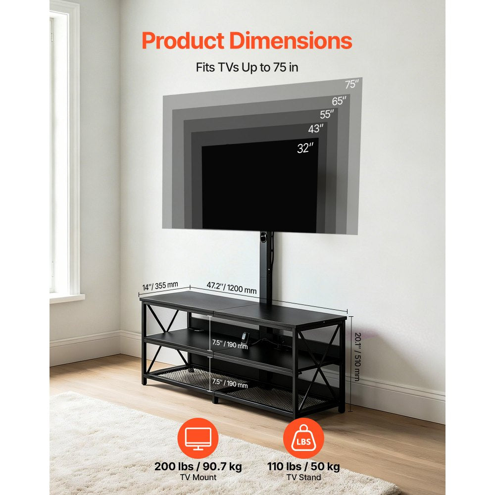 VEVOR TV Stand with Mount, 47.2 Inch, TV Stand Console with Power Outlet, for 32-75 Inch TVs, Height Adjustable Swivel Entertainment Center with Open Storage Shelf, for Living Room Bedroom, Black