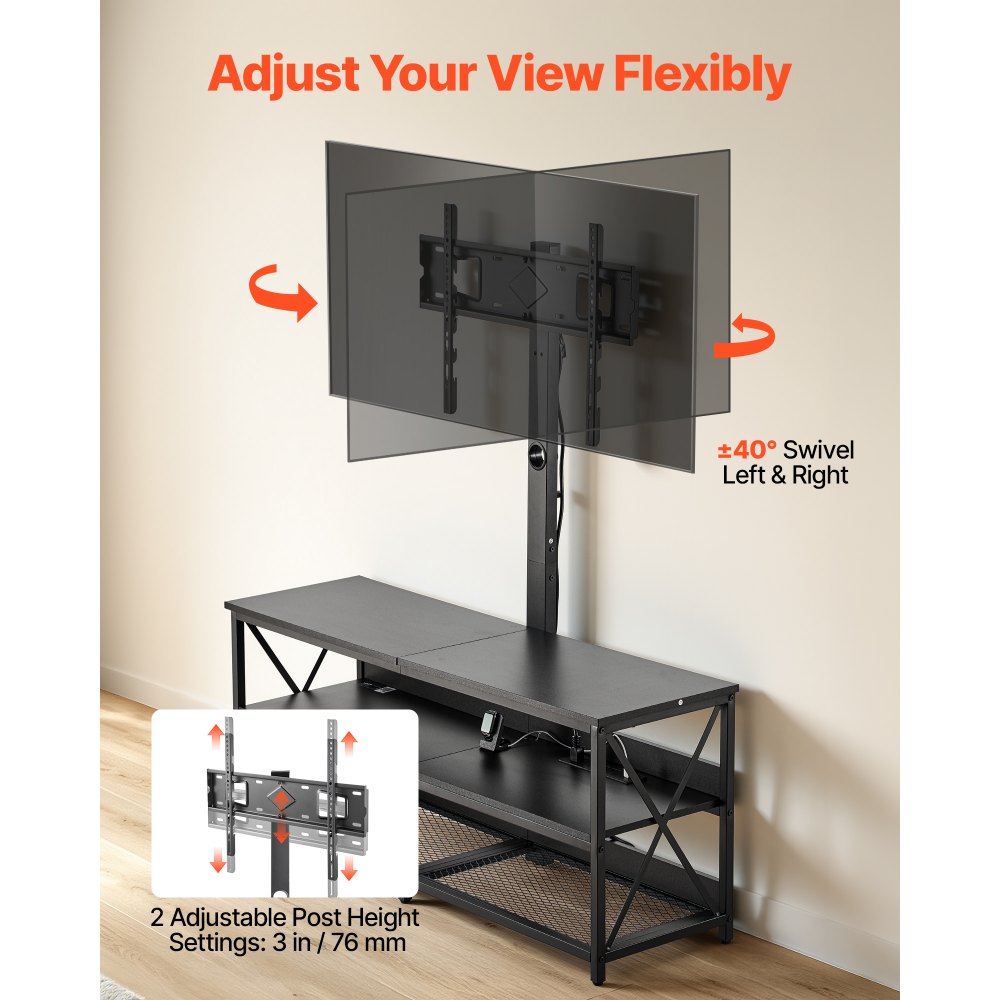 VEVOR TV Stand with Mount, 47.2 Inch, TV Stand Console with Power Outlet, for 32-75 Inch TVs, Height Adjustable Swivel Entertainment Center with Open Storage Shelf, for Living Room Bedroom, Black