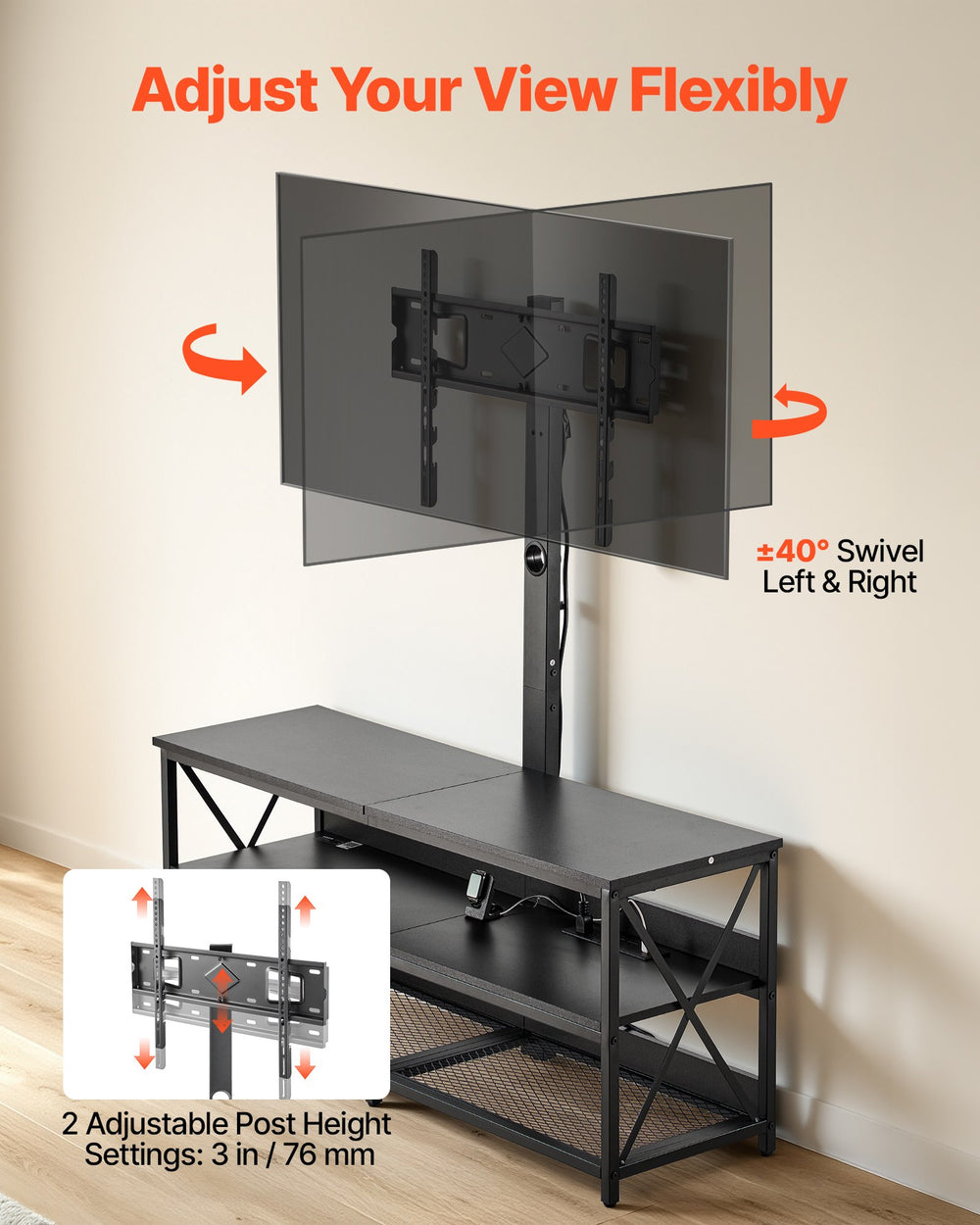 VEVOR TV Stand with Mount, 47.2 Inch, TV Stand Console with Power Outlet, for 32-75 Inch TVs, Height Adjustable Swivel Entertainment Center with Open Storage Shelf, for Living Room Bedroom, Black